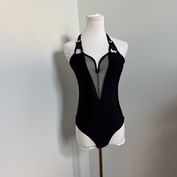 GUESS Black Mesh Bodysuit | Buckle Strap Detail, Deep V, Y2K Clubwear M - Picture 2 of 7